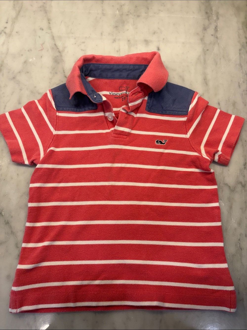 Vineyard Vines Kids Red & White Striped Polo with Navy Accents